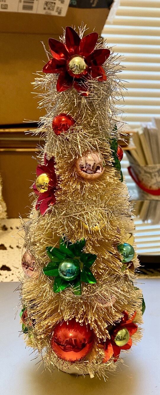 Vintage Silver Tinsel Bottle Brush Christmas Tree w/ Ornaments & Poinsettias